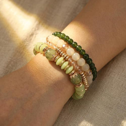 Ouligay 4PCS Green Bracelets for Women Boho Beaded Bracelets Set Crystal Bracelets Stackable Summer Jewelry Bracelets Beach Vacation Gifts