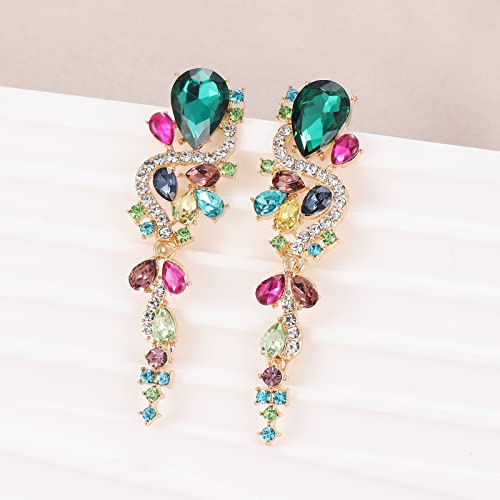 Fashion Rhinestone Statement Drop Dangle Earrings Long Colorful Crystal Bridal Wedding Teardrop Chandelier Earrings for Women Prom Pageant - color: Colorful