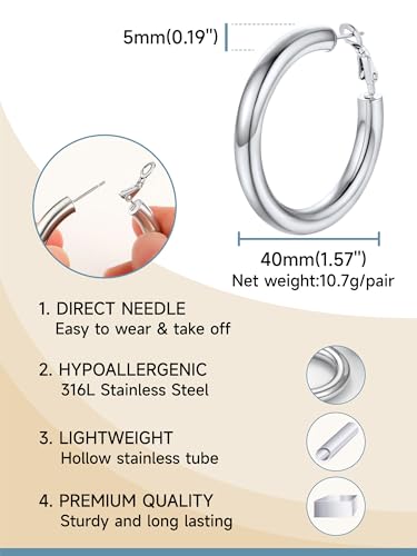 PROSTEEL Chunky Hoop Earrings for Women 14K Gold Plated/Black/Silver | 20/30/40/50/60/70/80mm Stainless Steel Thick Big Round Hoop with Waterproof and Non Tarnish Trendy Jewelry with Gift Box - color: 1. Silver, size: 40MM