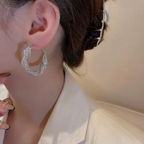 Luxury 14K Gold Plated Brass Hoop Earrings for Women, 3D Metal Mesh with Sparkling Diamonds, Lightweight Twisted Circle Design (33mm), Stylish Daily Jewelry