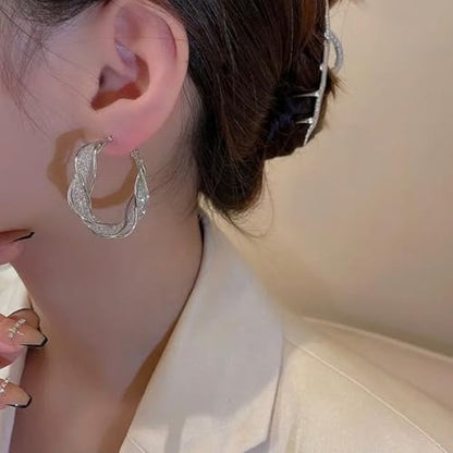 Luxury 14K Gold Plated Brass Hoop Earrings for Women, 3D Metal Mesh with Sparkling Diamonds, Lightweight Twisted Circle Design (33mm), Stylish Daily Jewelry