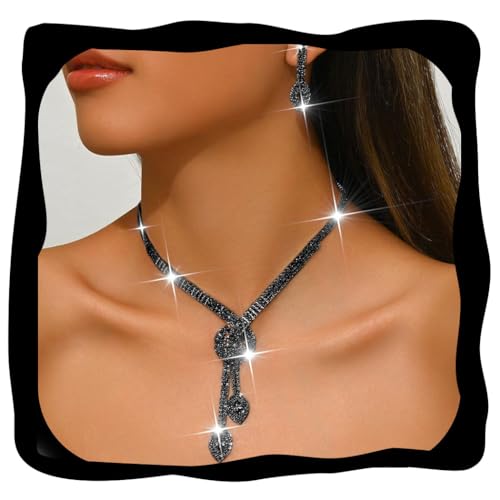 Unicra Silver Rhinestone Bridal Wedding Jewelry Set Crystal Necklace Earrings Sets Formal Prom Costume Jewelry Sets for Women and Brides - color: Black