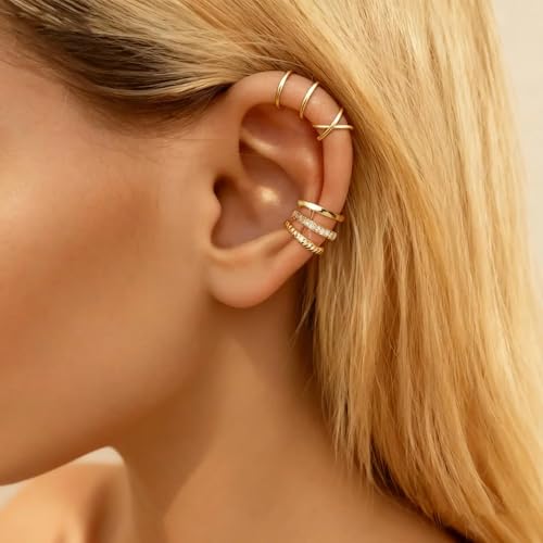 YANCHUN Ear Cuffs Non Piercing 14K Gold Plated Ear Cuff Earrings for Women Trendy Stuff Clip on Cartilage Earring Stacks Non Pierced Adjustable Fake Earrings Set Jewelry Christmas Gift 2026 Stocking Stuffers