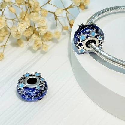 925 Sterling Silver Bead Charm for Pandora Bracelets and Necklaces,Pink Bow Cherry Butterfly Blue Ocean Pendant Bead Charms Jewelry Present Valentines Gifts for Wife/Girlfriend Women - style: Blue Galaxy Murano Glass Bead