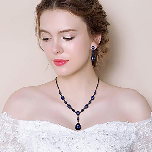 EleQueen Women's Wedding Bridal Jewelry Sets for Brides Bridesmaids, Cubic Zirconia Teardrop Necklace Tennis Bracelet Dangle Earrings Jewellery Set - color: 12-Sapphire Color Black-Tone