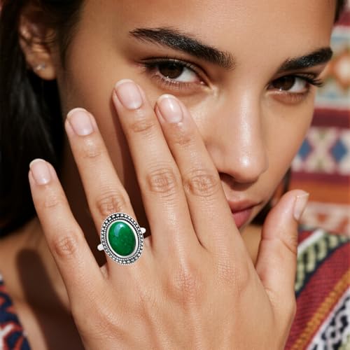 Retro Sterling Silver Stone Ring,Antique Natural Real Oval Crystal Quartz Gemstone Boho Bohemian Ring Jewelry for Women - color: A17_Emerald
