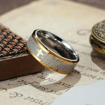 King Will Stainless Steel Men Ring Lord's Prayer Cross Ring Stainless Steel Men Wedding Ring, Wedding Band Bible Engraved Rings High Polished, Comfort Fit | 8mm, Gold/Silver/Black Wedding Band, Bible Engraved Rings, High Polished, Comfort Fit, Size 7-14 -