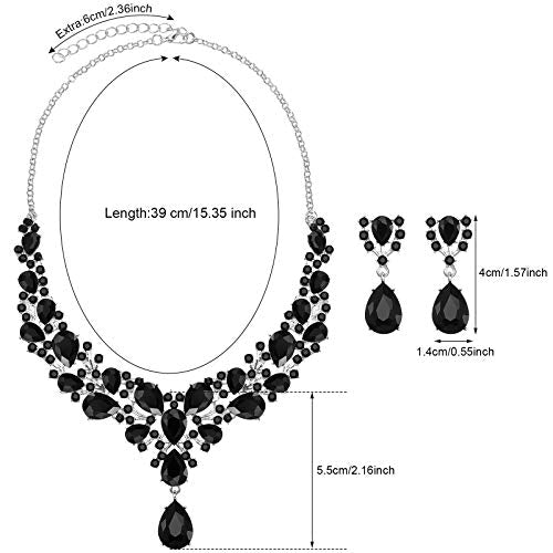 Hicarer Bridal Teardrop Cluster Crystal Jewelry Set for Women Necklace Earrings Wedding - color: Black