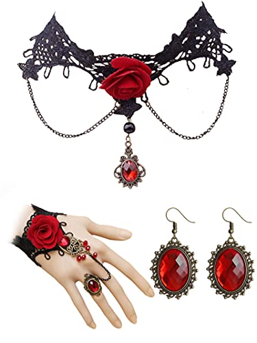 HUASAI Gothic Jewelry Set for Women, Black Lace Choker Necklace Earrings Bracelet Ring Set, Halloween Costume Accessories for Witch Vampire Outfits, Vintage Goth Party Jewelry - color: B Red Rose Choker