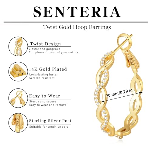 Senteria S925 Sterling Silver Post Twisted Hoop Earrings Hypoallergenic | Lightweight Silver Hoop Earrings AAAAA Cubic Zirconia Nickel Free for Sensitive Ears Twisted Hoops for Women Gifts 20-60MM - color: gold-20/30mm