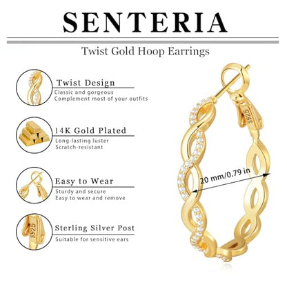 Senteria S925 Sterling Silver Post Twisted Hoop Earrings Hypoallergenic | Lightweight Silver Hoop Earrings AAAAA Cubic Zirconia Nickel Free for Sensitive Ears Twisted Hoops for Women Gifts 20-60MM - color: gold-20/30mm