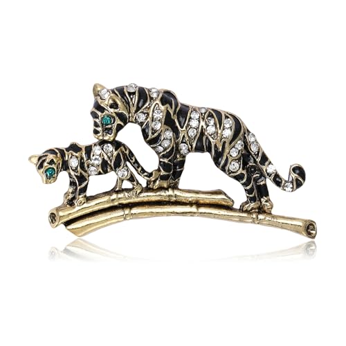 Luxury Crystal Tiger Brooch Pins for Women Men Vintage Gold-Tone Climbing Black Spots Leopard Brooch Fashion Panther Cougar Pin Suit Jackets Coat Animal Jewelry Gift - style: Leopard cub