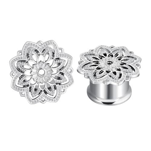 Tunnels Gauges, 2PCS Stainless Steel Tunnel Set Hollow Flower Single Flared Ear Gauges Flesh Tunnel Plugs 4G - 3/4 inch Ear Piercing Jewelry - size: 1/2 inch(12mm)