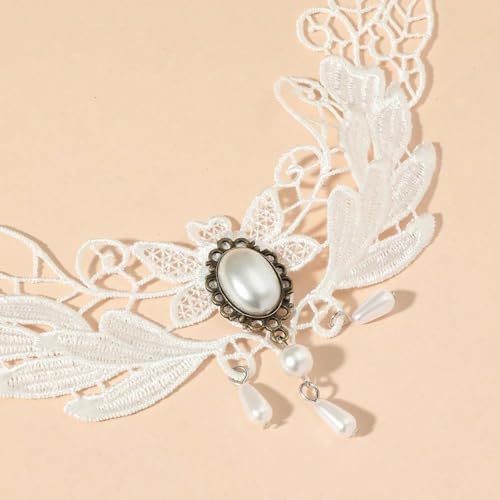 Goth Black Choker Necklace Crystal Bead Pendant Necklace for Women Gothic Velvet Lace Choker Halloween Vampire Witch Cosplay - color: E-White