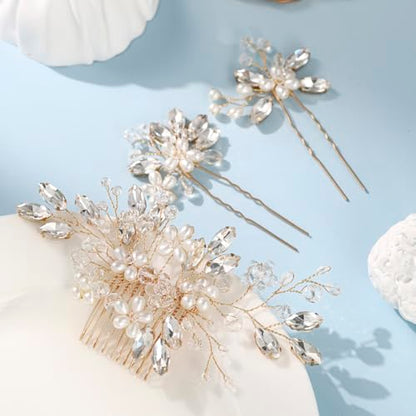Wedding Hair Accessories Crystal bridal hair pins Rhinestone Pearl hair comb Brides and Bridesmaids, Girls, Women(Gold) - color: Gold