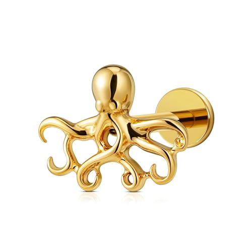 FINE4U 1PC 16G ASTM F136 Titanium Octopuses Piercings Jewelry with 6mm 8mm Post for Conch Helix Flat Labret 16G 6mm 8mm - color: Octopuses - Gold