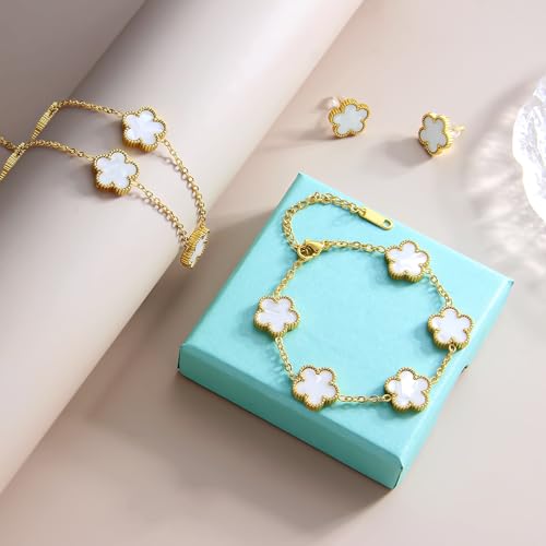 AmorArtSky Lucky Clover Jewelry Set - 18K Gold Plated Flower Design Five Leaf Bracelet, Necklace Pendant, Earrings for Women - Lucky Gifts for Mom, Wife, Daughter, Friends - style: Lucky Clover Jewelry Sets_White