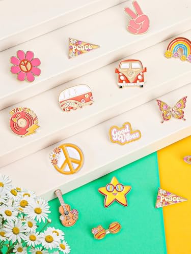 JUNEBRUSHS 28pcs Hippie Enamel Brooch Pins Groovy Retro Butterfly Daisy Flower Ribbon Lapel Pins for Women Girl Clothes Bags Groovy Hippie 60s 70s Party Decorations Accessories - style: Hippie Style