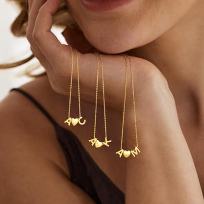 adoyi Initial Necklaces for Women 14k Gold Plated Layered bubble Letter Necklace Dainty Heart A-Z Pendant Necklace Initial Necklaces Stack Birthday Gifts for Women Jewelry - color: Gold-Heart, style: B+M