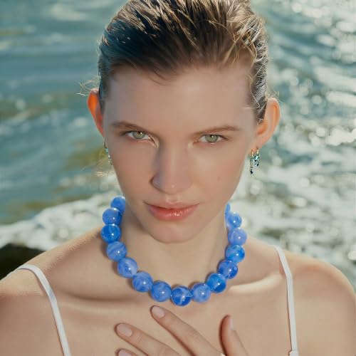 Multicolor Chunky Beaded Necklace, Statement Colorful Round Ball Beads Choker Necklace with Gold-Tone Adjustable Chain, Fashion Bold Neck Jewelry for Women - color: 20MM-Lake Blue