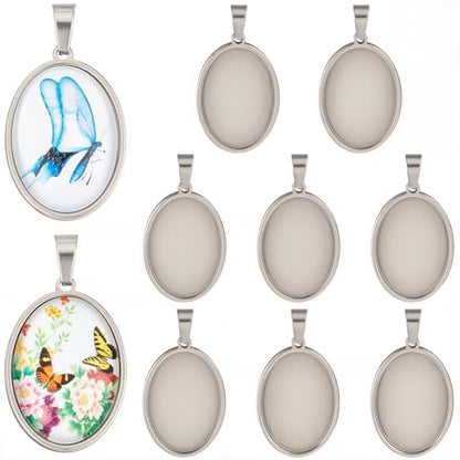1 Box 10Pcs Oval Pendant Trays Stainless Steel Cabochon Blanks Silver 18 x 25mm Cameo Memorial Photo Charm Blank Cabochons Bezel Base Settings for Jewelry Making DIY Resin Craft Findings - style: silver oval