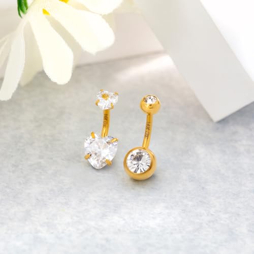 2pcs 14k Gold Filled Belly Button Rings, 14G 8mm/10mm/12mm Threaded Barbell Belly Button Piercing, Navel Ring Piercing Jewelry - color: 14K GF-2pcs-Heart CZ-8mm