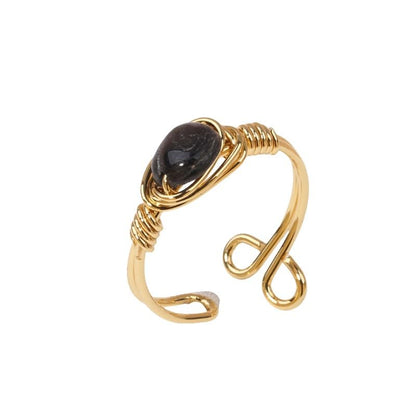 Chakra Crystal Ring Adjustable Gemstone Rings Wire Wrapped Irregular Crystal Ring Gemstone Carnelian Rose Quartz Amethyst Evil Eye Tiger Eyes Crystal Ring for Women - color: Black