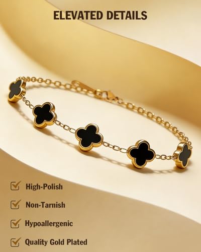 Four Leaf Clover Bracelet 18K Gold Plated Bracelets for Women Lucky Flower Design Stainless Steel Hypoallergenic Link Chain Adjustable Dainty Trendy Jewelry Gifts for Women - color: Black