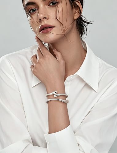 8YEARS Chunky Gold Bangle Bracelets for Women, 14k Gold Plated | Cuff Bangles, Stack Bracelet Set, Wide Trendy Fashion, Jewelry Gifts - color: A-Silver-2PCS