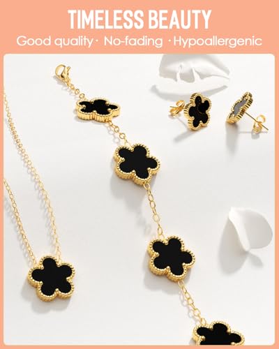 AICase Clover Jewelry Set,18K Gold Plated Lucky Clover Bracelet,Four Leaf Clover Necklace and Clover Earrings Fashion Jewelry Sets Gifts for Women/Mon - color: Black