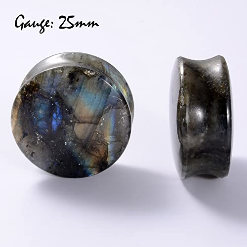 Pair Labradorite Stone Ear Flesh Tunnel Plugs Double Flared Plug Glow Stone Ear Gauges Expander - style: One Pair,1''(25mm)