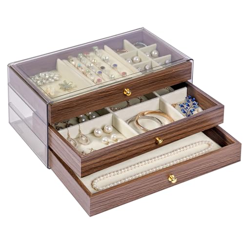 Wooden Jewelry Box for Women, 3-Layer Jewelry Organizers and Storage with 3 Drawers & Velvet Trays, Large Earring Holder, Necklace Ring Travel Case, Gift Box for Drawer, Wood - size: 3-Layer