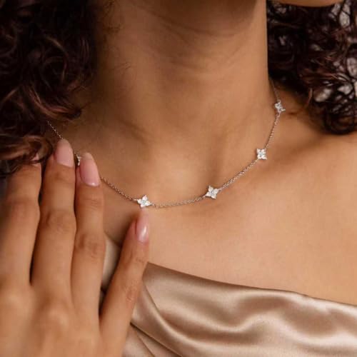 Dainty Silver Gold Necklaces for Women Cute Station Choker Simulated Diamond Necklace Simple Layering CZ Necklace Trendy Jewelry Gifts - color: Silver, style: Flower