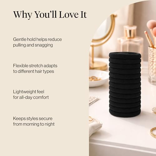 Kitsch Elastic Hair Ties No Damage | Stretchable Hair Bands - Black, 12pcs | Strong All-Day Hold Hair, Rubber Bands For Hair, Ponytail Holders | Hair Accessories for Everyday Use - color: Black Medium (Pack of 12)