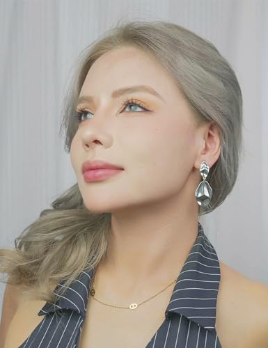 FAN&LOUIS Gold Silver Clip On Dangle Earrings Women,14K Gold Teardrop Statement Dangle Earrings Clips Lightweight Hammered Drop Dangle Clip-on Earrings for Women - style: Silver