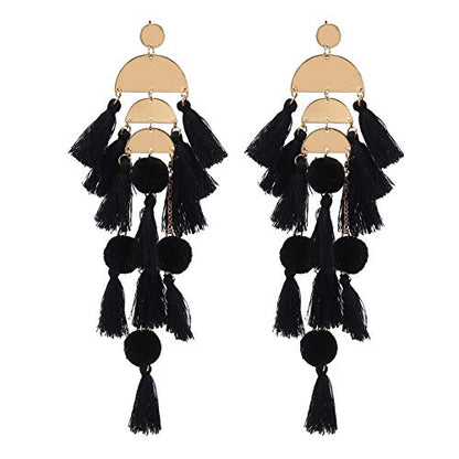 Long Tassel Earrings for Women Colorful Fringe Drop Dangle Earrings Bohemian Hawaiian Summer Beach Jewelry for Womens Vacation Outfits - color: Black