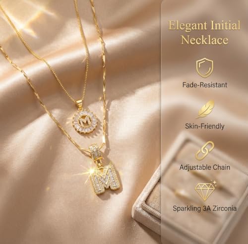 2PCS Initial Necklaces for Women, 14K Gold Plated Letter Pendant Set | Trendy Layered Bling Style, Meaningful Letter & Round CZ Pendant Design - color: Gold, style: Letter M