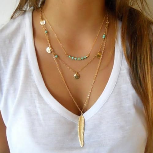 Gold Layered Necklace for Women Summer Boho Layered Stacked Pendant Necklace Country Concert Necklace Turquoise Coin Long Necklace - color: C