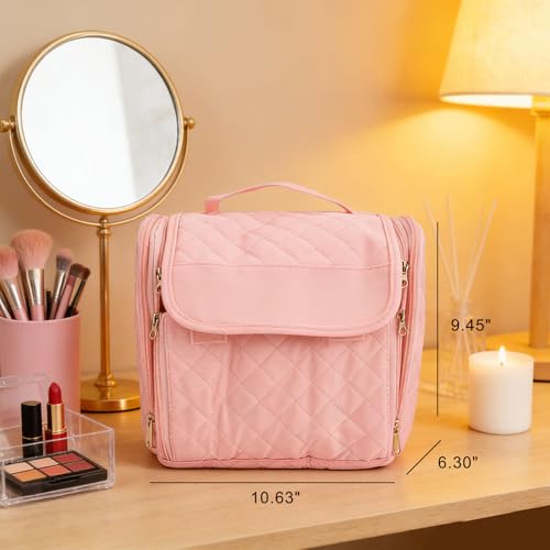banapoy Hanging Toiletry Bag for Women, Roll up Cosmetics Makeup Bag, Travel Makeup Cosmetic Organizer with Hanging Hook, for Jewelry Toiletries, 10.63x9.45x6.30in (Pink) - color: Pink