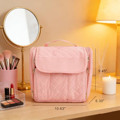 banapoy Hanging Toiletry Bag for Women, Roll up Cosmetics Makeup Bag, Travel Makeup Cosmetic Organizer with Hanging Hook, for Jewelry Toiletries, 10.63x9.45x6.30in (Pink) - color: Pink