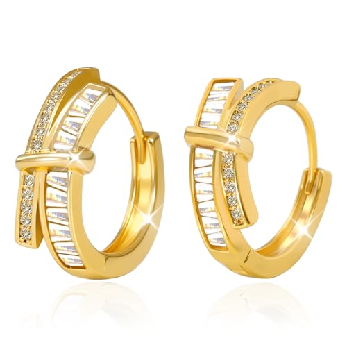 Gold Silver Huggie Hoop Earrings for Women 18K Gold & Sterling Silver Plated Cubic Zirconia Hoop Earrings Double Small Huggie Earring Lightweight Hypoallergenic Trendy Jewelry Gift - color: 01-CZ Gold