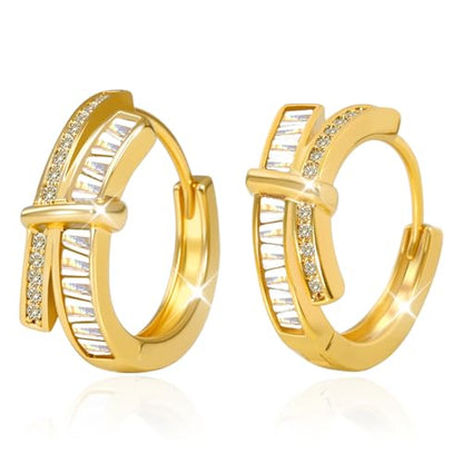 Gold Silver Huggie Hoop Earrings for Women 18K Gold & Sterling Silver Plated Cubic Zirconia Hoop Earrings Double Small Huggie Earring Lightweight Hypoallergenic Trendy Jewelry Gift - color: 01-CZ Gold