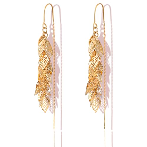 14K Gold Plated Leaf Threader Crystal Earrings for Women, Long Tassel Elegant Dangle Drop Earrings for Weddings, Galas, and Formal Events, Hypoallergenic Lightweight Jewelry Idea Gift - color: Gold