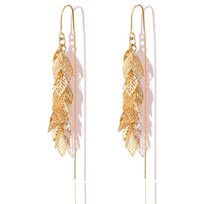 14K Gold Plated Leaf Threader Crystal Earrings for Women, Long Tassel Elegant Dangle Drop Earrings for Weddings, Galas, and Formal Events, Hypoallergenic Lightweight Jewelry Idea Gift - color: Gold