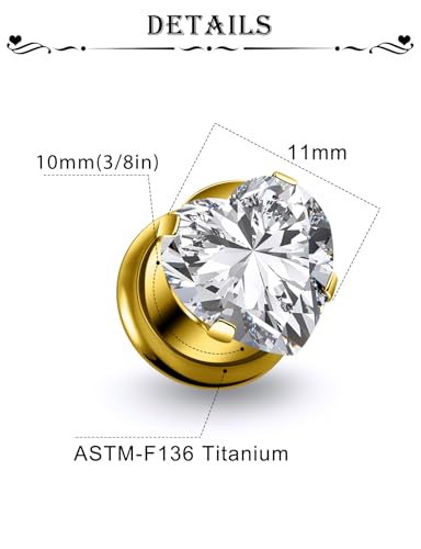 Astm F136 Titanium Heart CZ Ear Gauges Screw Fit Flesh Tunnels Plugs Gauges Earring Expander Stretcher Ear Tunnels For Ears 10G 8G 6G 4G 2G 0G 00G Plug Earrings Piercing Jewelry For Women Men - color: 00G Gauges, Gold