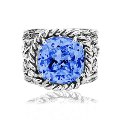 JEAN RACHEL JEWELRY 925 Sterling Silver Braid Leaf Cushion Ring | Ornate statement ring beautifully adorned with sculpted leaf motifs, twisted rope braids, and a CZ center stone. - color: Tanzanite CZ