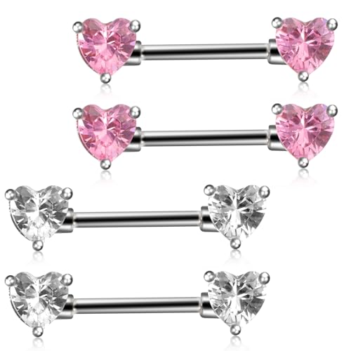 2 Pairs 14G Heart Nipple Rings, Stainless Steel Love Heart Barbell Tongue Rings Set, Nipple Piercing Barbell Ring Jewelry for Women Men(16mm)