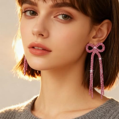 Rhinestone Earrings Dangling for Women Sparkly Silver Dangle Earrings Girls Long Chandelier Earrings Tassel Lightweight Ear Studs Cubic Zirconia (KE001S-W) - color: Bow Rose 516286RO