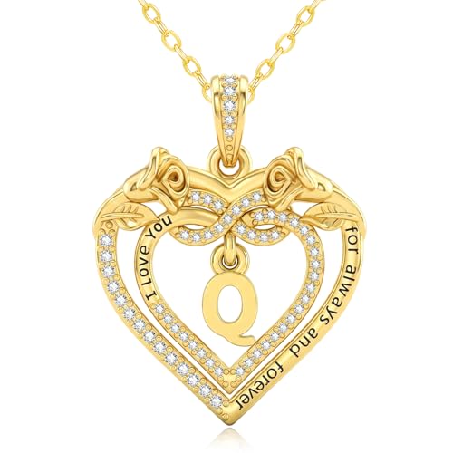 14K Gold Initial Letter Rose Heart Pendant Necklace for Women, Anniversary Birthday Jewelry Gifts for Wife Mom Grandma Sister Daughter, I Love You for Always And Forever - style: 14K Gold-Q