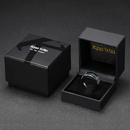 King Will Mens Wedding Band with Foils Inlay, Black/Silver/Gold Beveled Edge Glowstone Ring, 6mm/8mm Tungsten Carbide Rings Comfort Fit - color: Black&Teal-8mm